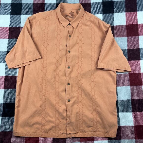 Tommy Bahama Shirt Mens XL Camp Orange Silk Cotton Embroidery Guayabera Bowling - Picture 1 of 8